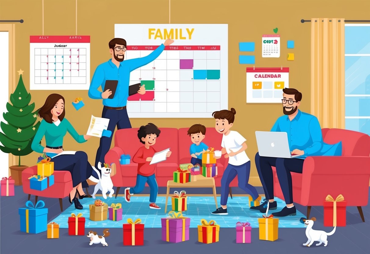 A bustling household with parents juggling work, kids playing, and pets running around. A calendar on the wall shows a packed schedule. Gifts for each family member are scattered around the room