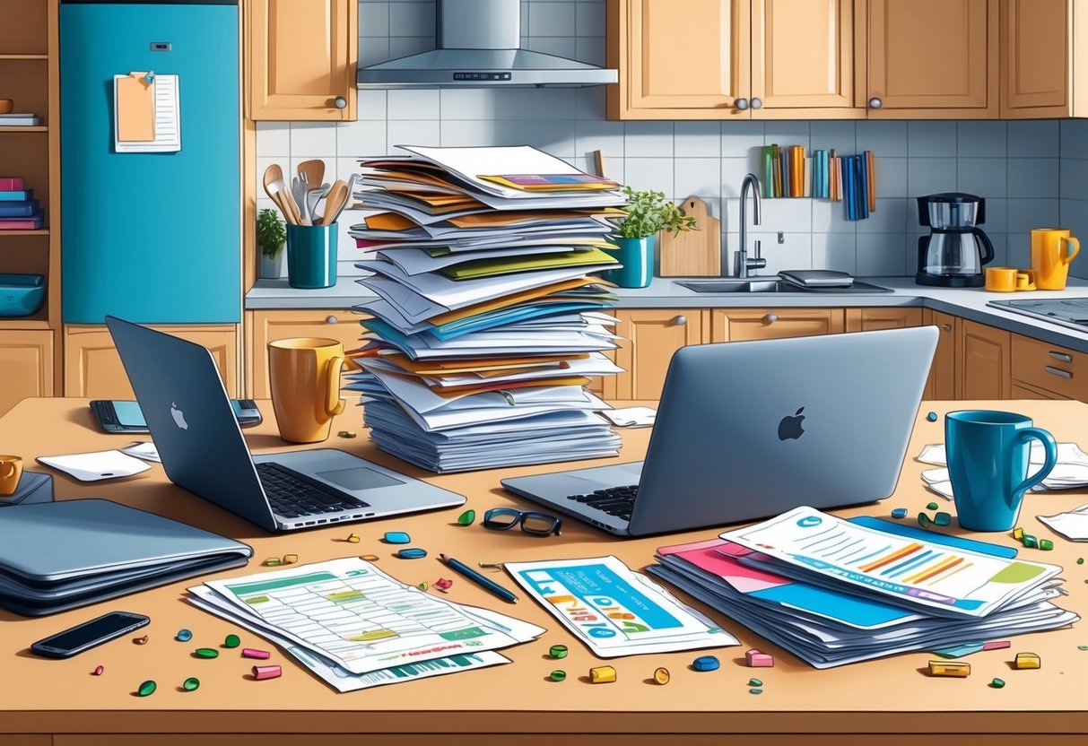A chaotic kitchen table with laptops, planners, and coffee mugs. A stack of unopened mail and scattered children's toys add to the sense of a busy, modern family