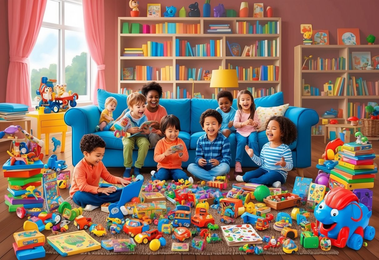 A colorful array of toys, books, and games scattered around a cozy living room, with children of various ages playing and laughing together