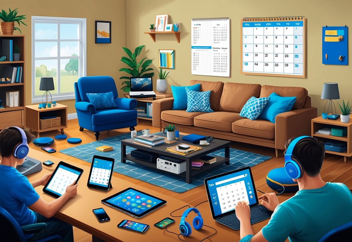 A bustling living room with various tech gadgets scattered around, including smartphones, tablets, headphones, and gaming consoles. A family calendar on the wall shows a packed schedule