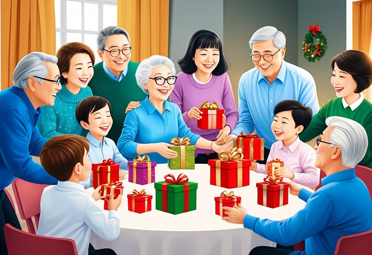 A busy family gathered around a table, exchanging unique gifts with their grandparents. Laughter and joy fill the room as everyone shares in the special moment
