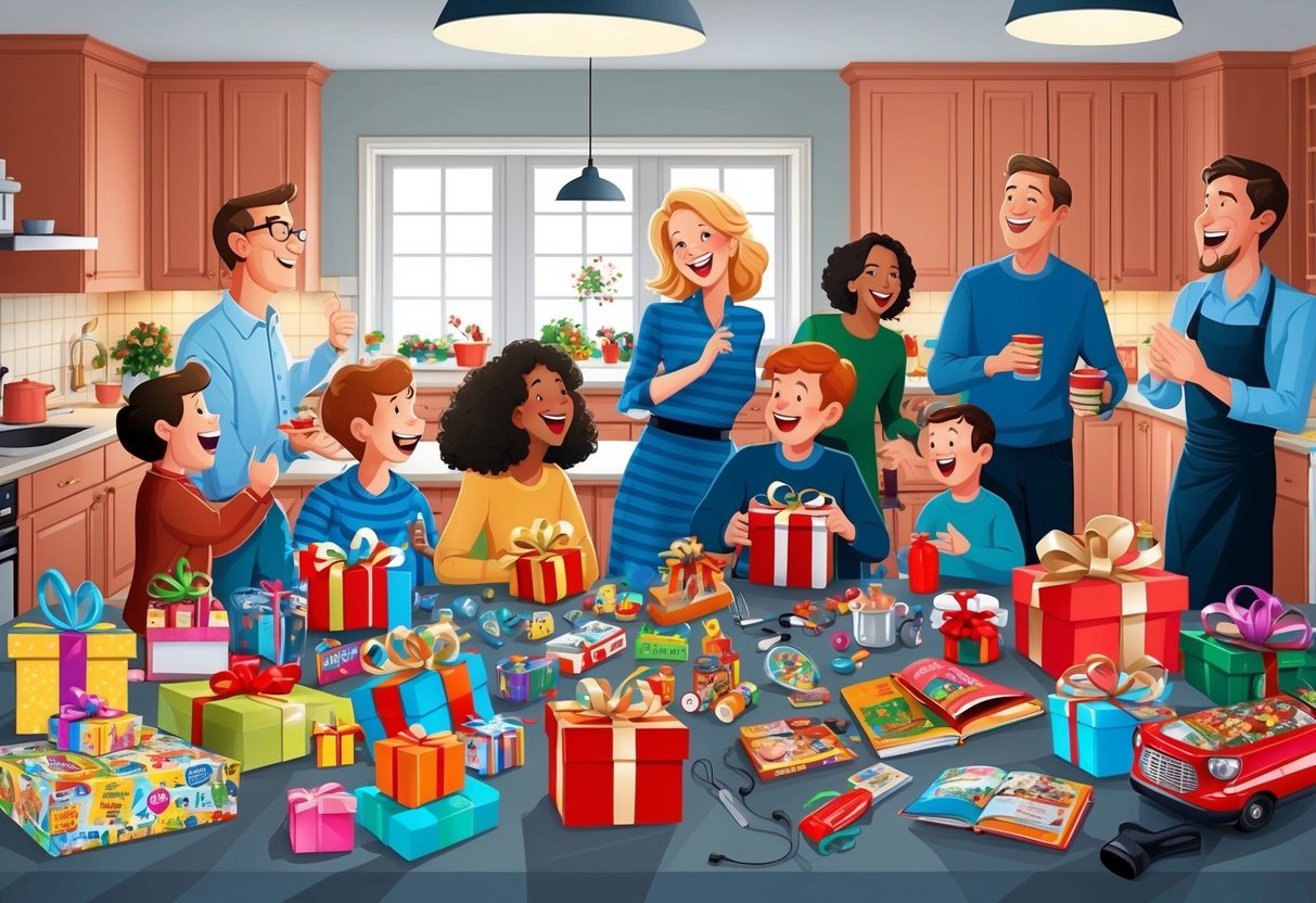 A bustling family kitchen, with a table covered in thoughtful gifts for all ages, from toys to books to kitchen gadgets. Laughter and conversation fill the air as family members gather around