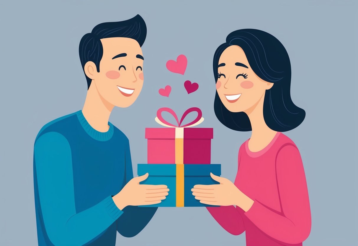 A man and woman exchanging thoughtful gifts, with a heartwarming expression on their faces. The gifts are unique and personalized, showing care and consideration