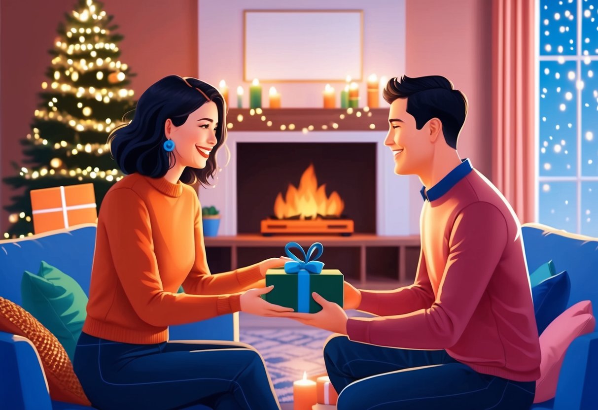 A couple exchanging thoughtful, experience-based gifts in a cozy living room with a fireplace and twinkling lights