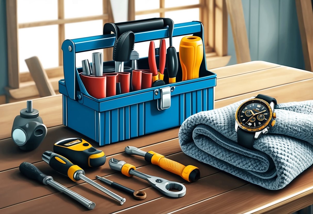 A toolbox filled with tools, a cozy blanket, and a stylish yet practical watch, all arranged on a wooden table