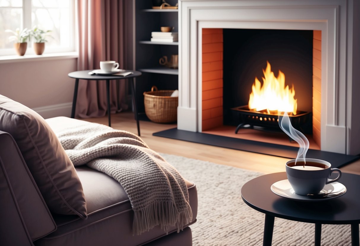 A cozy living room with a crackling fireplace, soft blankets, and a steaming cup of tea or coffee on a side table