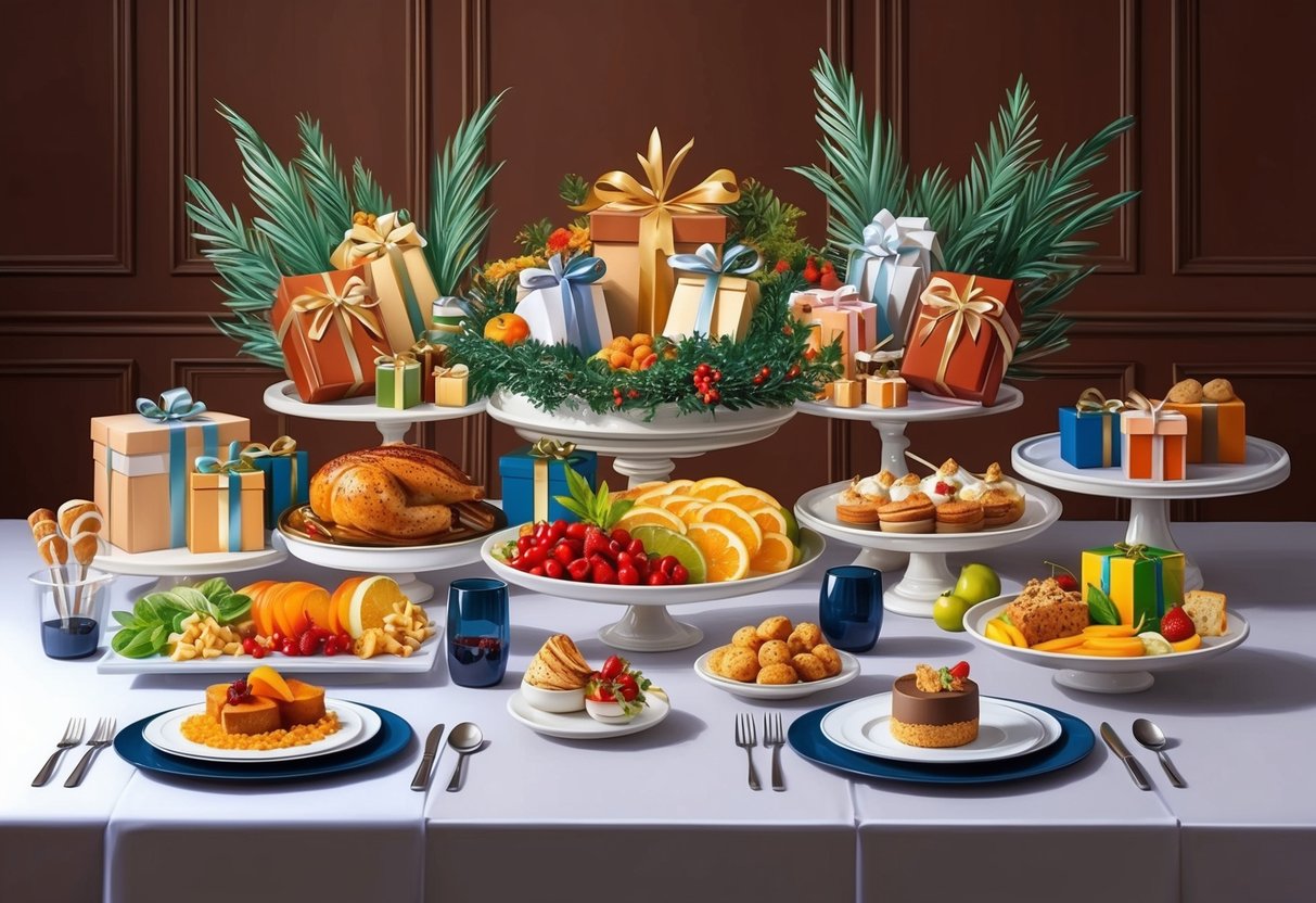 A beautifully set table with an array of gourmet foods and culinary gifts arranged in an elegant and inviting display