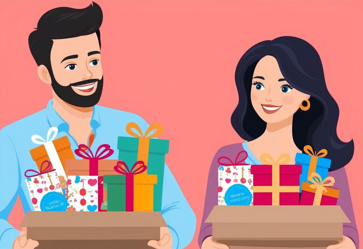 A man and woman opening personalized subscription boxes filled with thoughtful gifts