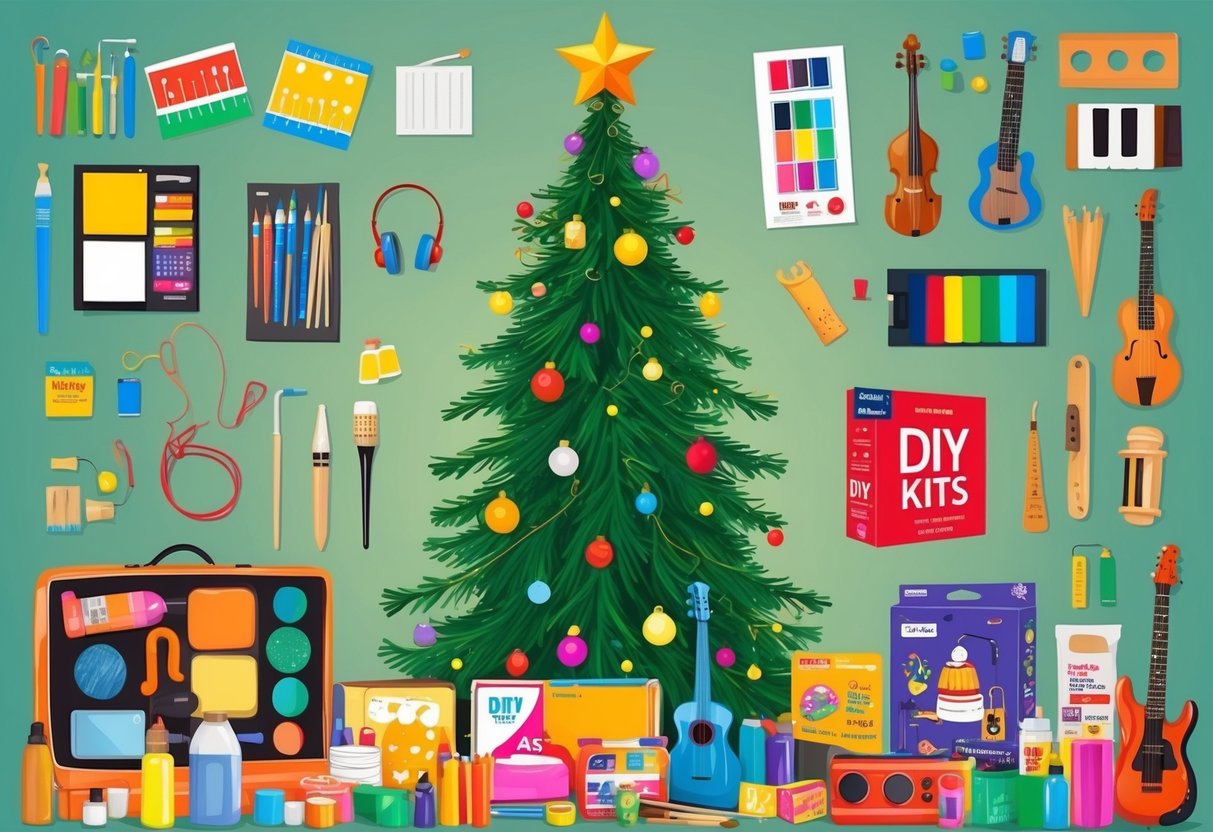 A colorful assortment of art supplies, musical instruments, and DIY kits arranged around a festive holiday tree