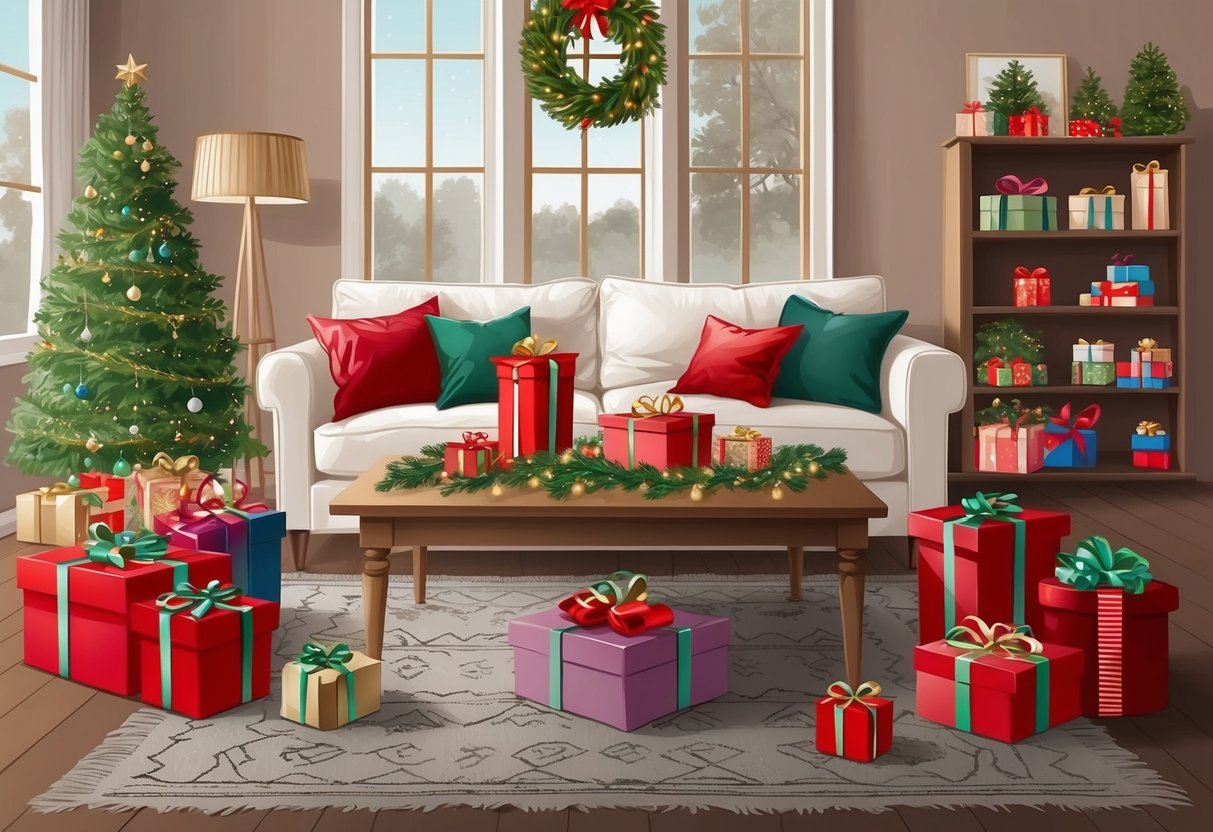 A cozy living room with a festive gift-wrapped table, surrounded by budget-friendly holiday presents