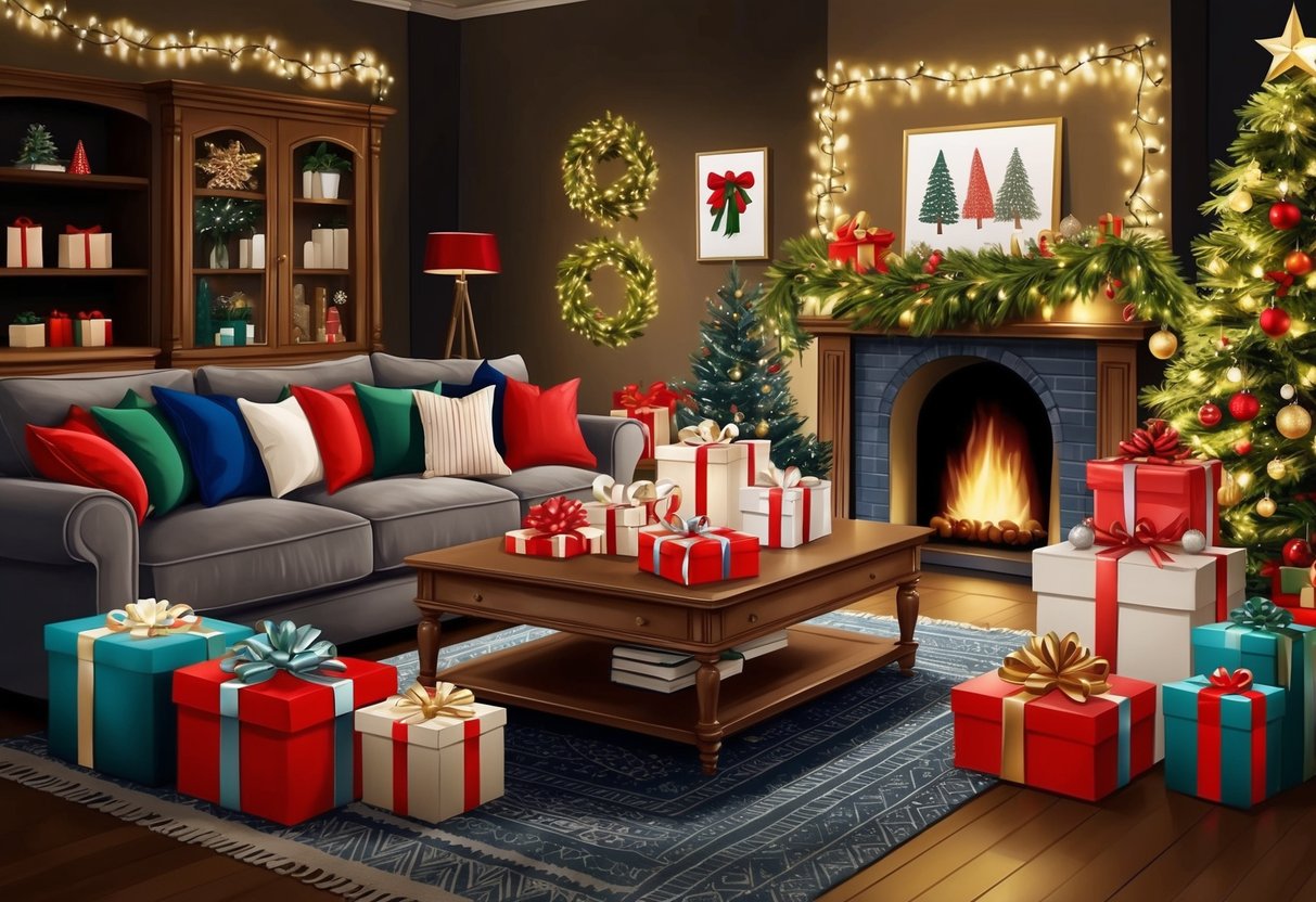 A cozy living room adorned with twinkling lights and festive decorations, surrounded by carefully wrapped gifts showcasing the latest holiday trends