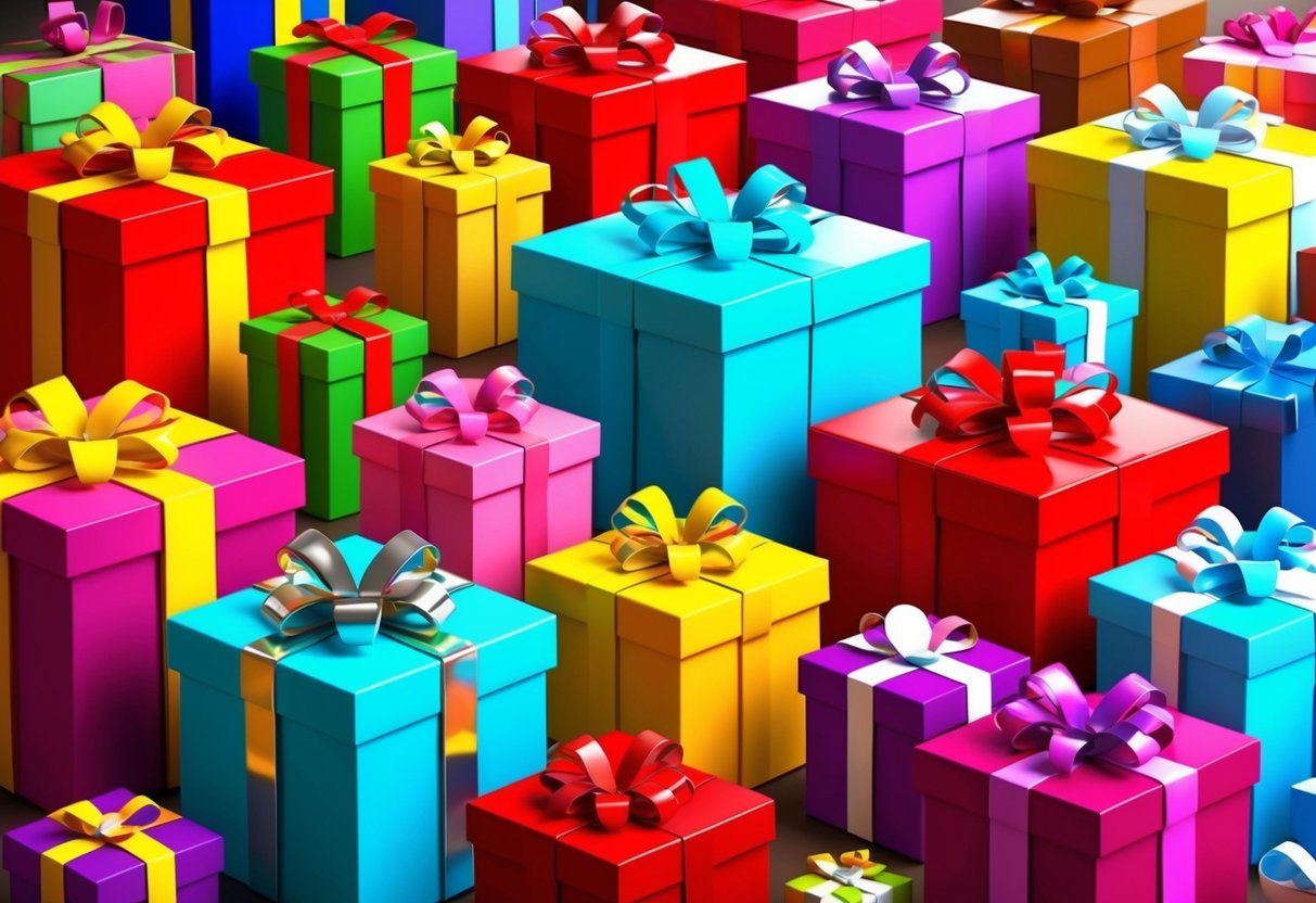 A colorful array of gift boxes, ranging from small to large, arranged in a playful and inviting manner