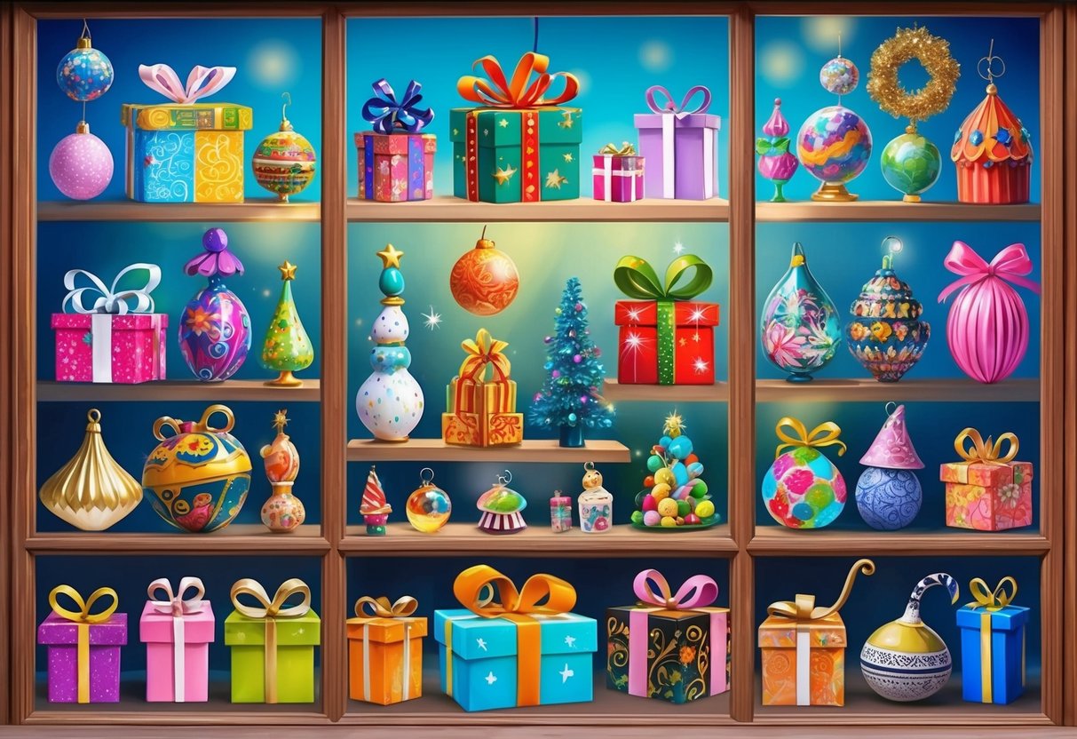 A colorful array of whimsical and imaginative gifts arranged in a shop window, from small trinkets to elaborate creations, each promising to delight and surprise