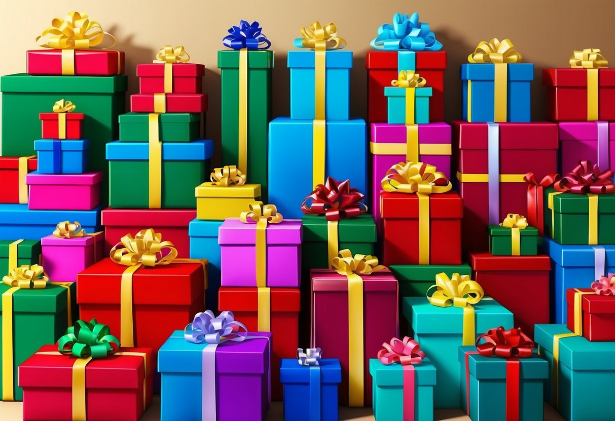A colorful array of gifts arranged in a festive display, including wrapped packages, ribbons, and decorative bows