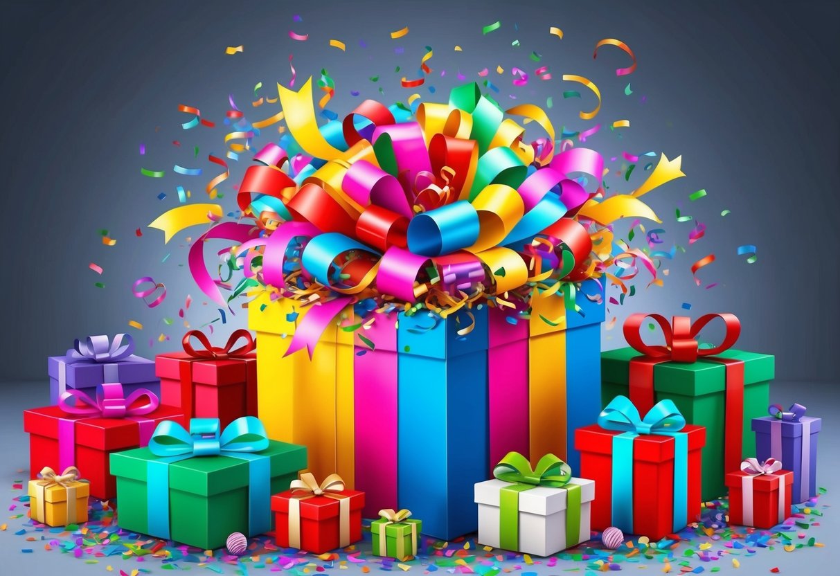 A colorful gift box bursting with vibrant ribbons and confetti, surrounded by a variety of creatively wrapped presents of different shapes and sizes