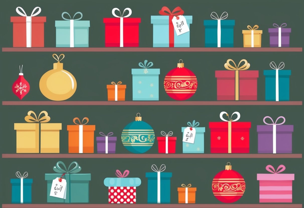A colorful array of gift items arranged on shelves, from elegant to whimsical, with price tags visible for every budget