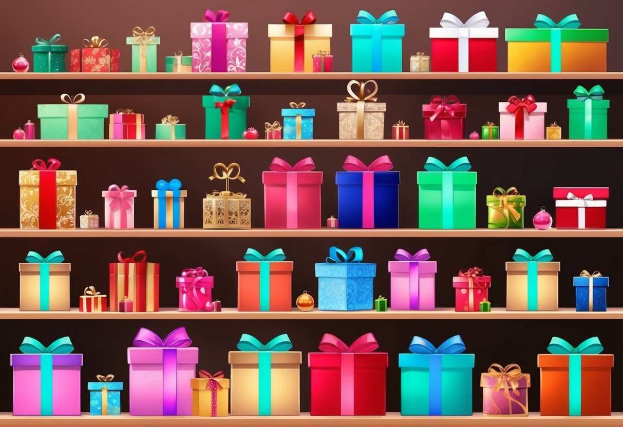 A colorful array of gift options displayed on shelves, from small trinkets to luxurious items, with vibrant packaging and decorative ribbons