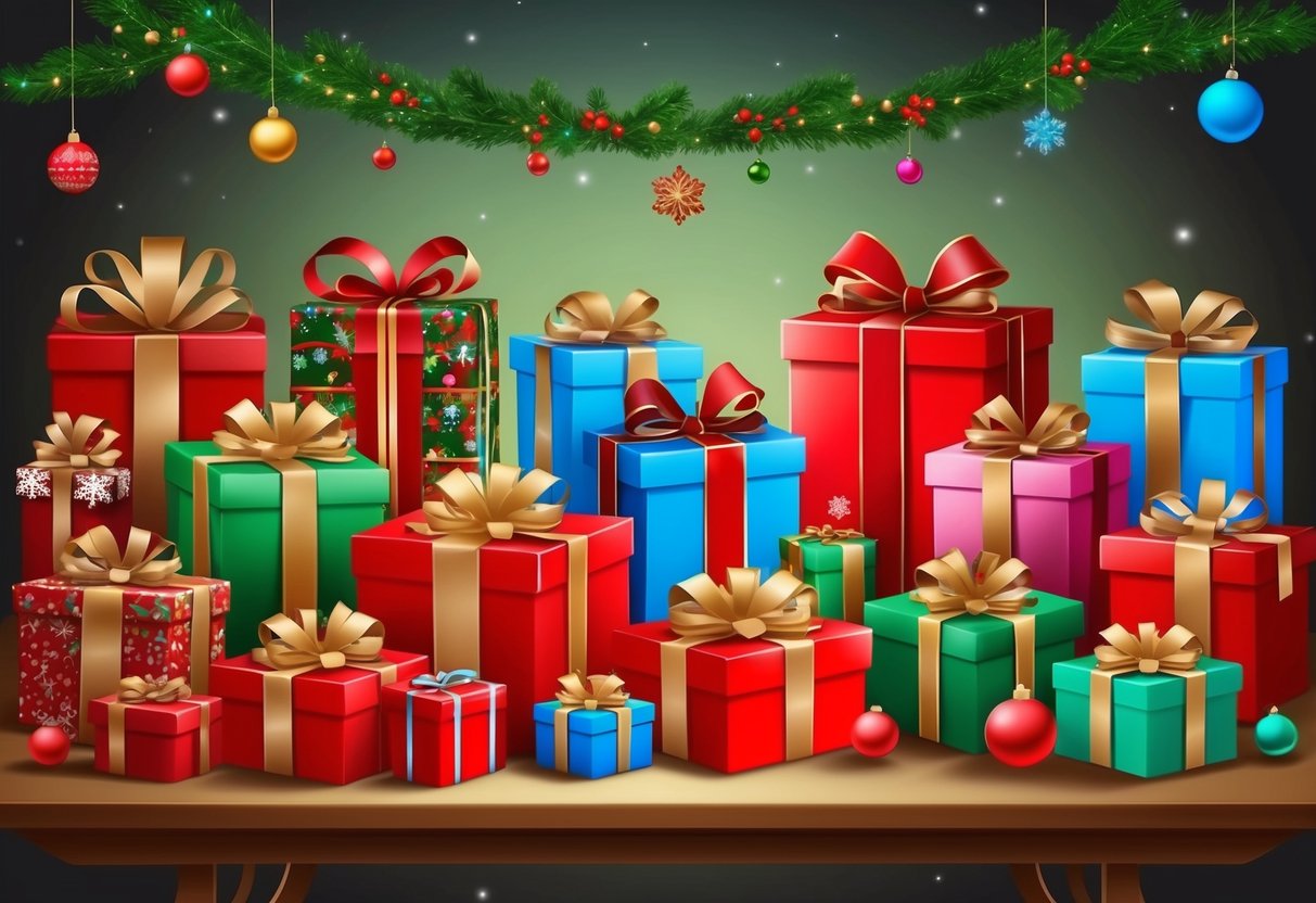 A colorful array of wrapped gifts and festive decorations displayed on a table