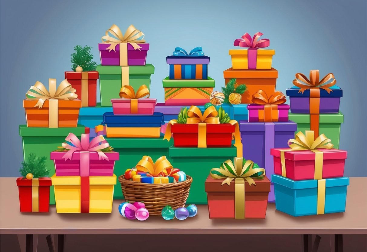 A colorful array of themed gift baskets and bundles arranged on a table, with ribbons and decorative accents, ready for gifting