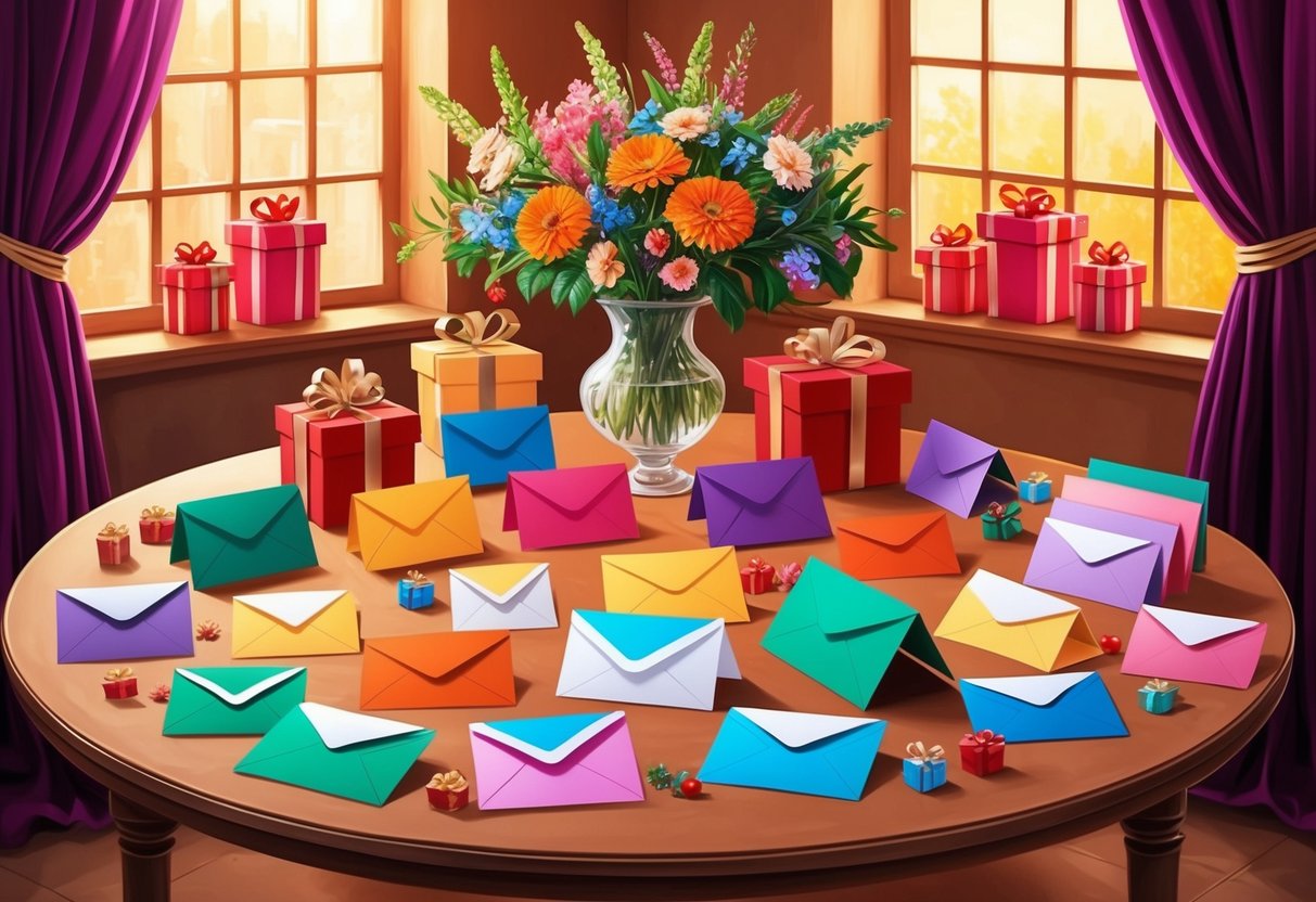 A table adorned with colorful cards and envelopes, surrounded by flowers and gifts, with a warm, inviting atmosphere