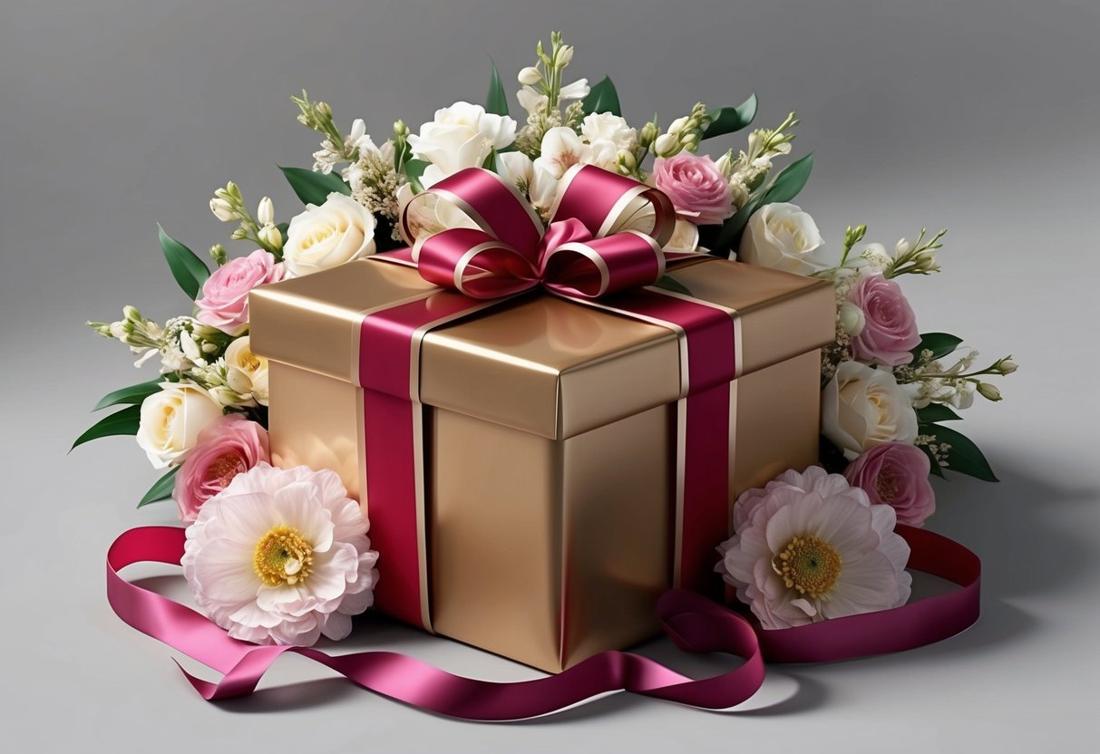 A beautifully wrapped gift box surrounded by elegant flowers and luxurious ribbons