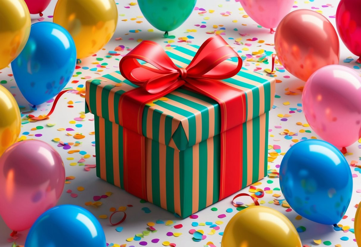 A beautifully wrapped gift box surrounded by colorful balloons and confetti