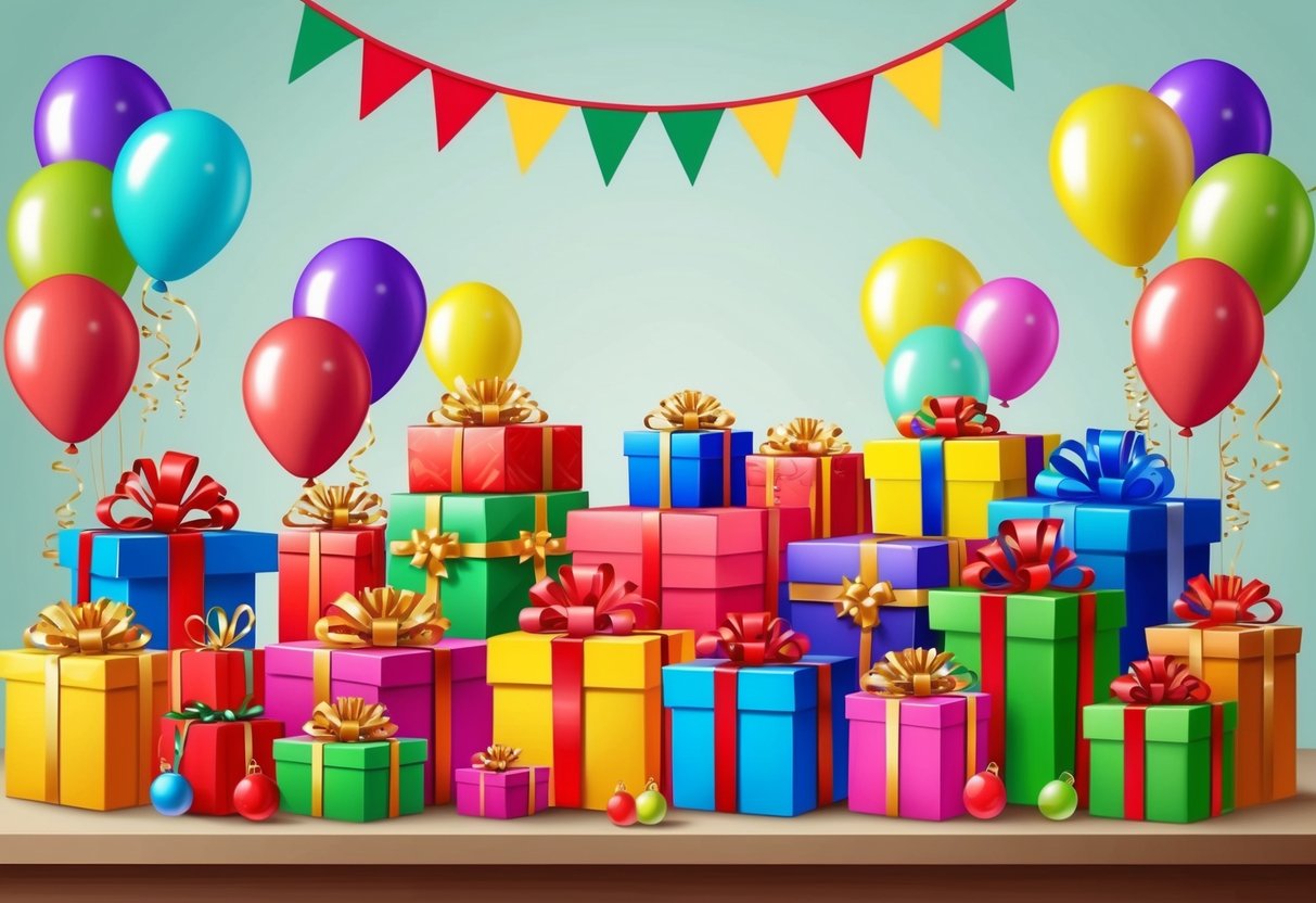 A colorful array of wrapped gifts, balloons, and festive decorations arranged on a table with a banner overhead