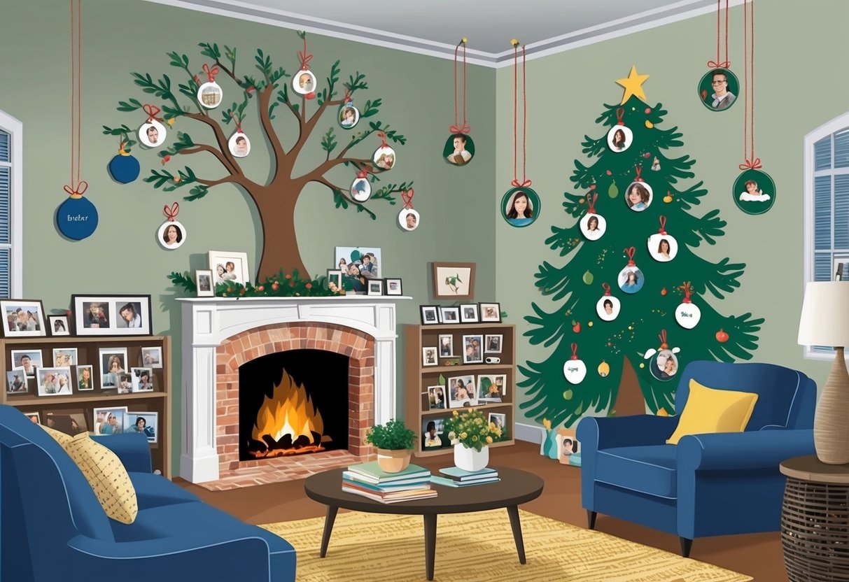 A cozy living room with a crackling fireplace, surrounded by family photos and mementos. A large, handcrafted family tree hangs on the wall, with personalized ornaments representing each family member
