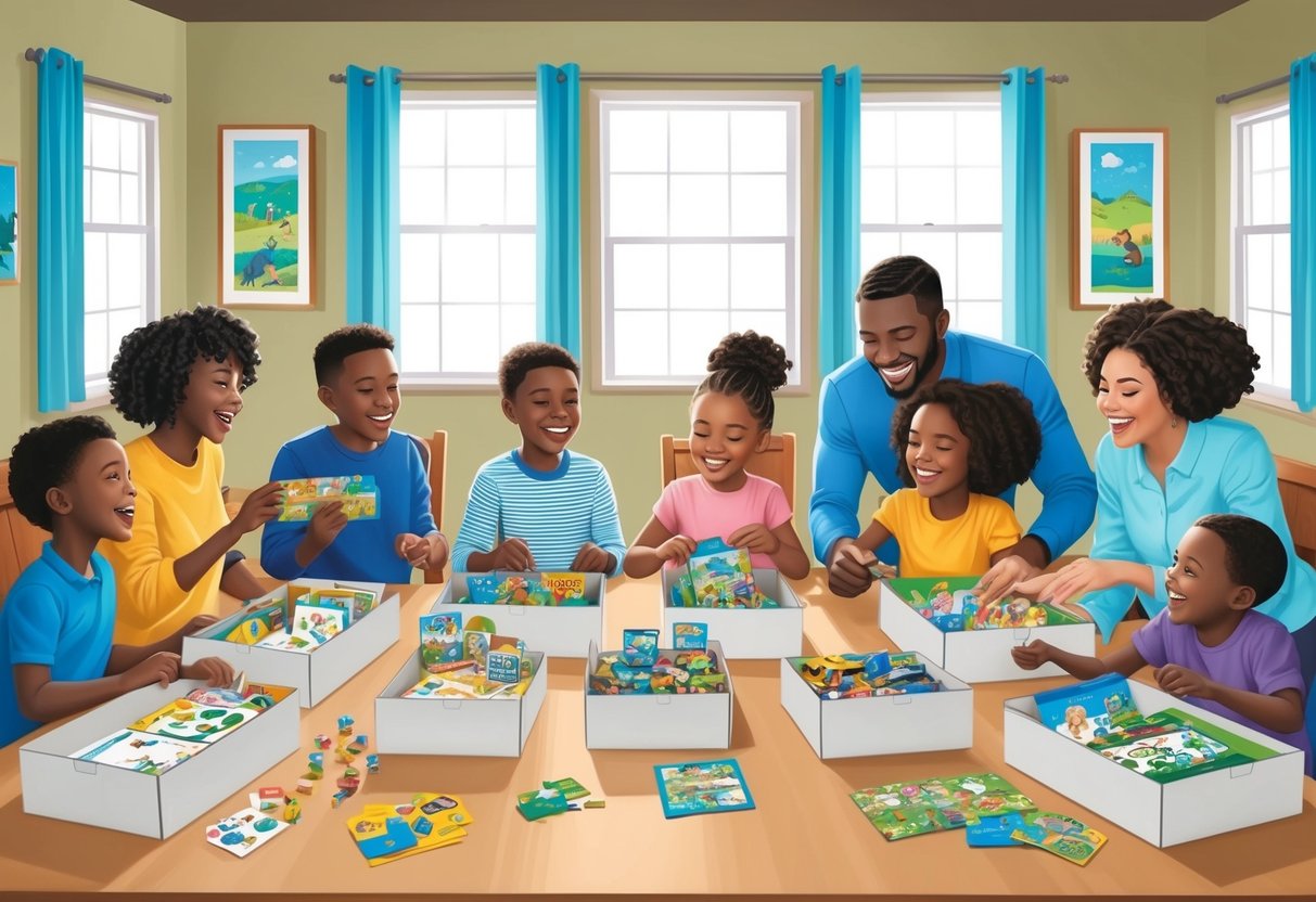 A family gathered around a table opening personalized subscription boxes filled with games, crafts, and activities. Laughter and excitement fill the room as they bond and create lasting memories together