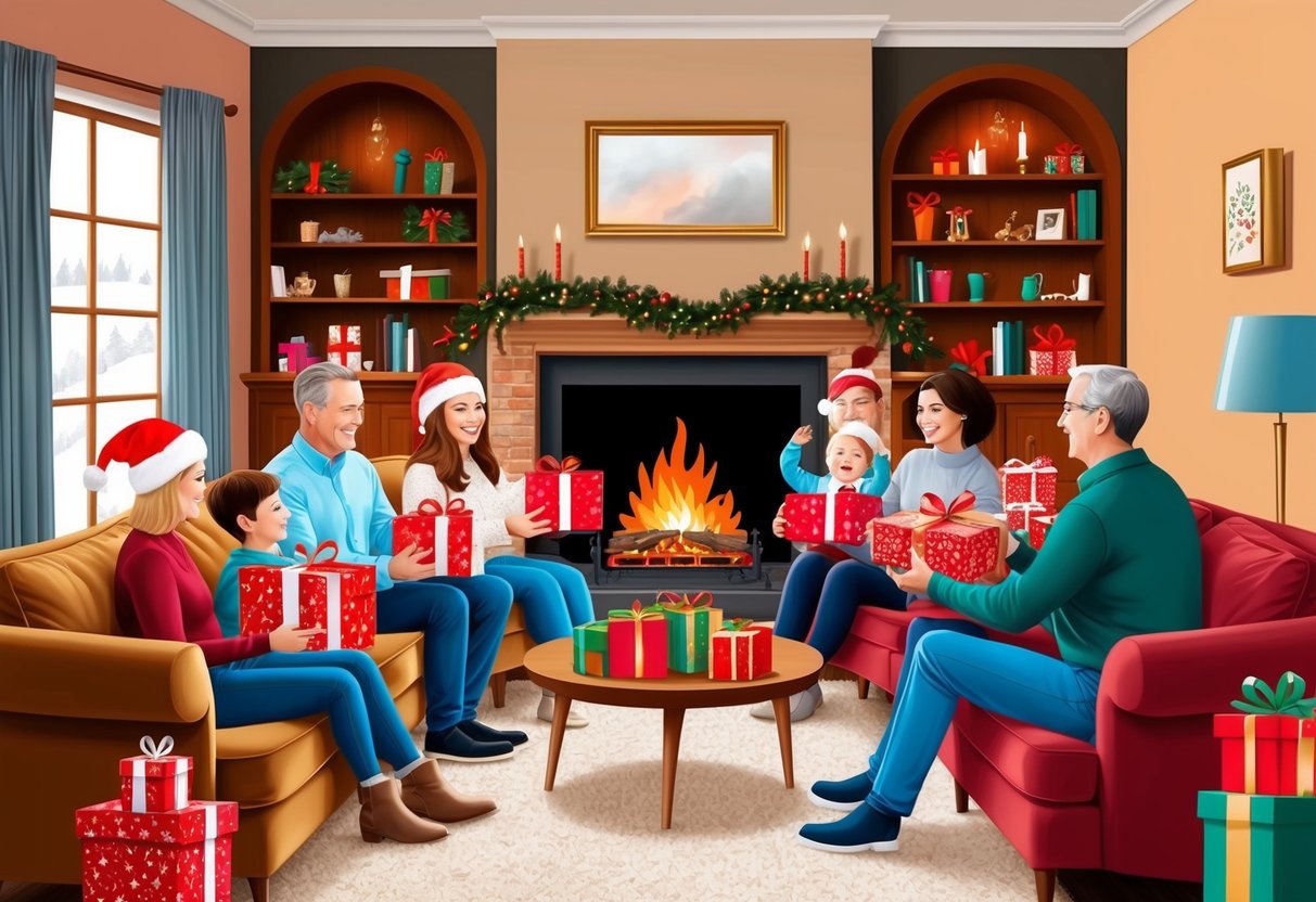 A cozy living room with a crackling fireplace, surrounded by family members exchanging personalized gifts and creating cherished memories