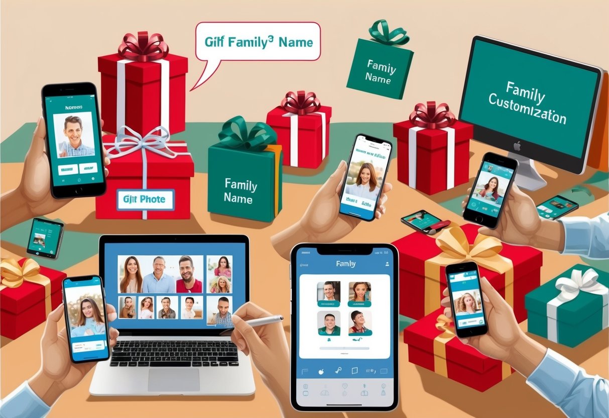 A modern tech gift customization station with family members' names and photos being added to various electronic devices