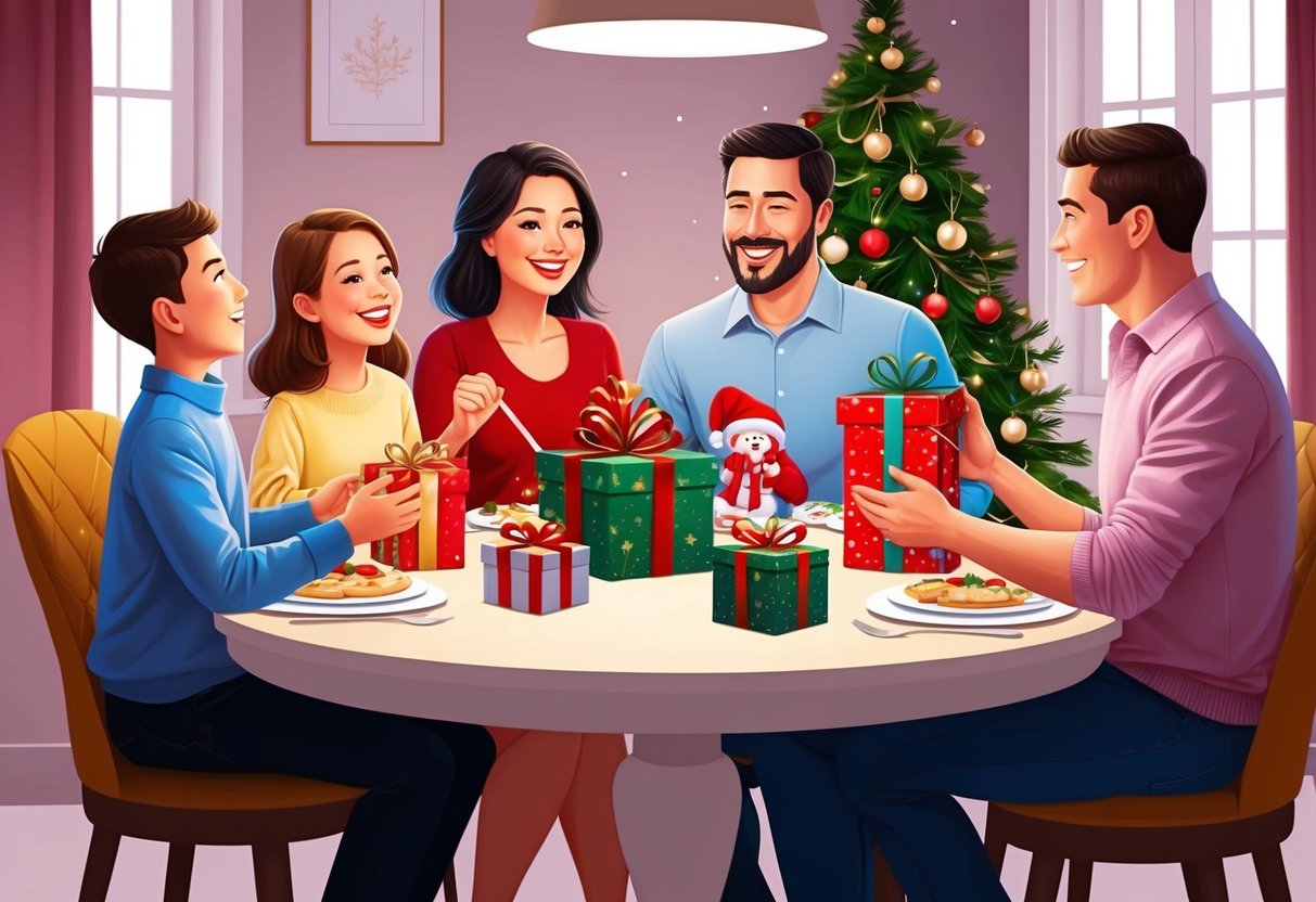 A family sitting around a table, exchanging personalized gifts and sharing happy moments