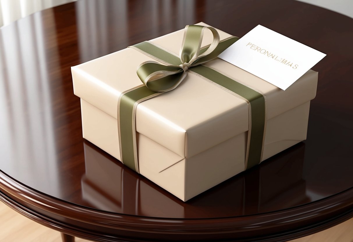 A beautifully wrapped gift box with elegant ribbon and a personalized card on a polished wooden table