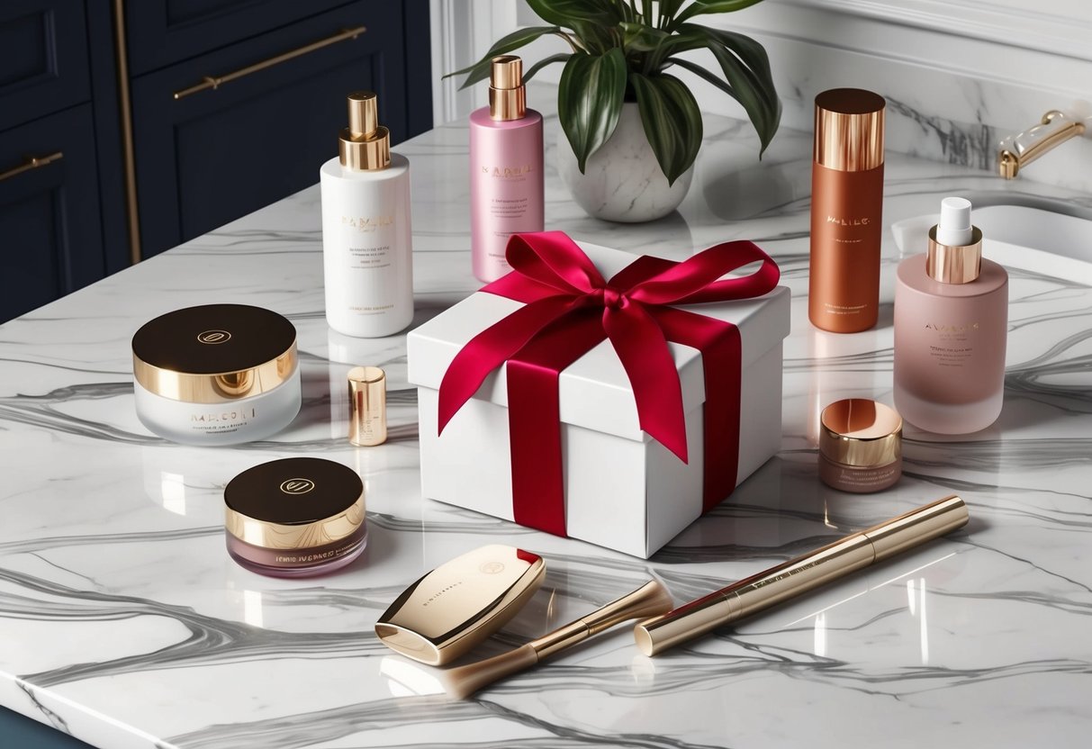 A beautifully wrapped gift box surrounded by elegant beauty products and accessories on a luxurious marble countertop