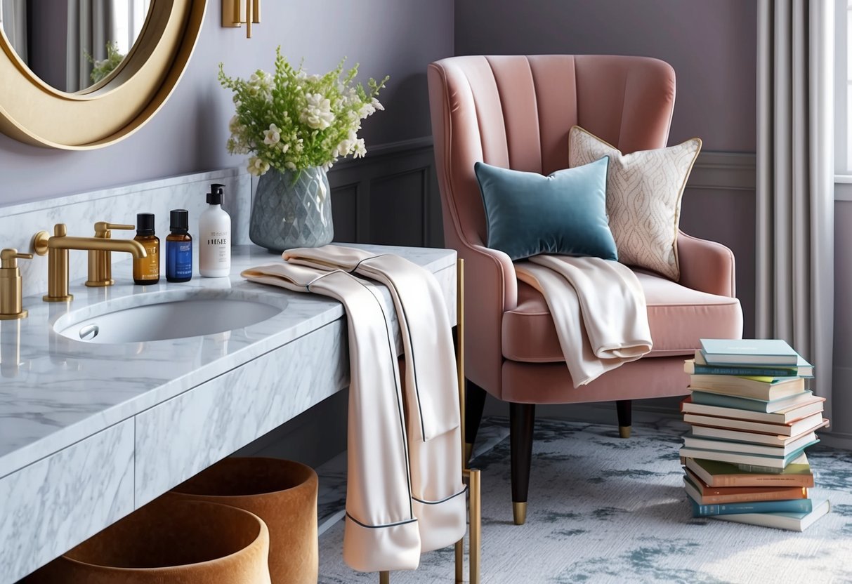 A luxurious spa set with bath salts, essential oils, and silk robes displayed on a marble vanity. A cozy reading nook with a plush chair and a stack of books