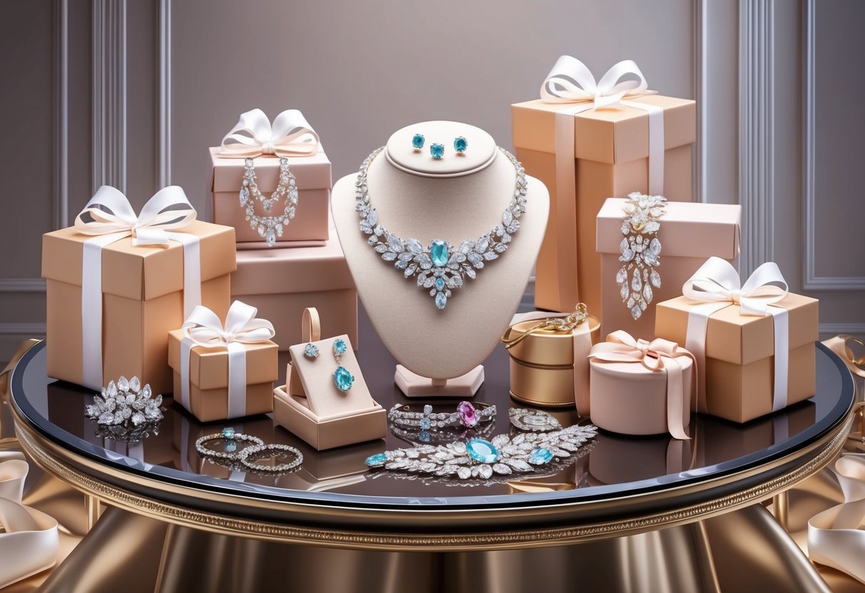 A sparkling array of elegant jewelry and timeless accessories displayed on a luxurious table, surrounded by thoughtful gift boxes and ribbons