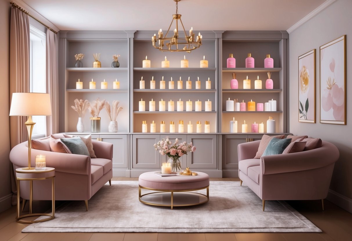 A cozy living room with soft lighting, plush furniture, and shelves lined with scented candles, diffusers, and luxury gift items for women