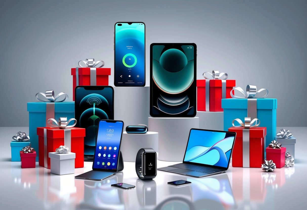 A sleek, modern display of high-end tech gadgets and luxury lifestyle items, surrounded by elegant gift boxes and ribbons