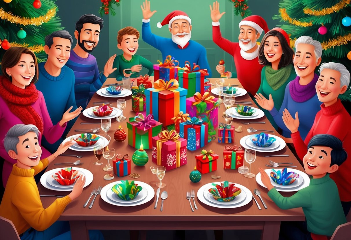 A festive table adorned with colorful, handcrafted gifts and decorations, surrounded by joyous friends and family members