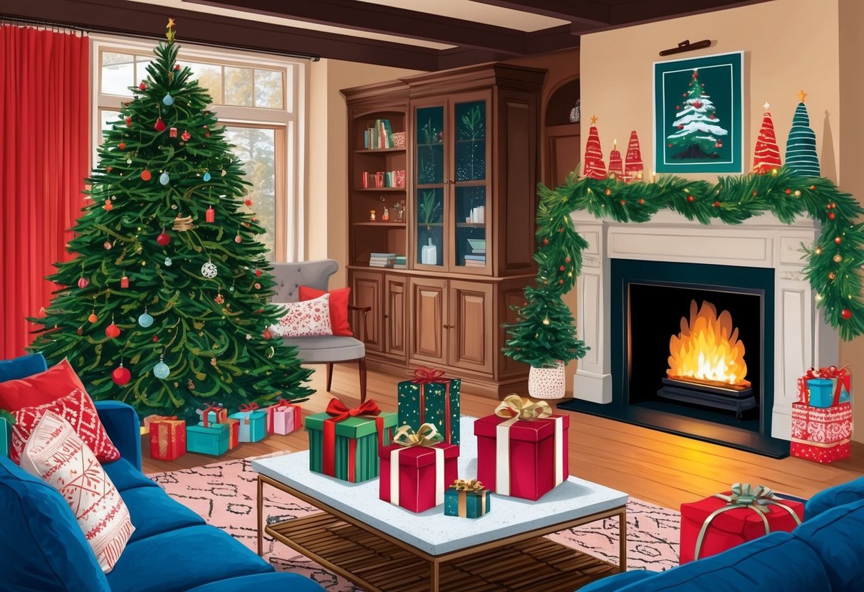 A cozy living room with a crackling fireplace, a beautifully decorated Christmas tree, and a table filled with unique holiday gifts