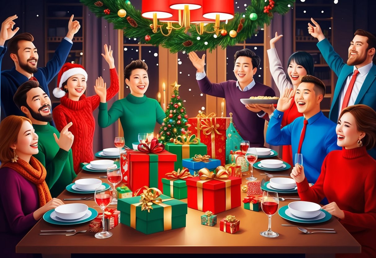 A festive table adorned with various unique holiday gifts and decorations, surrounded by joyful celebrants