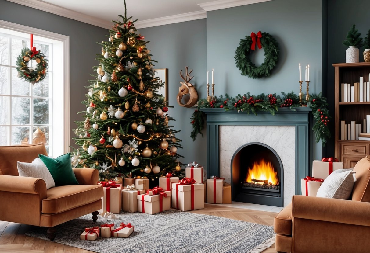 A cozy living room with a crackling fireplace and a beautifully decorated Christmas tree surrounded by carefully wrapped presents