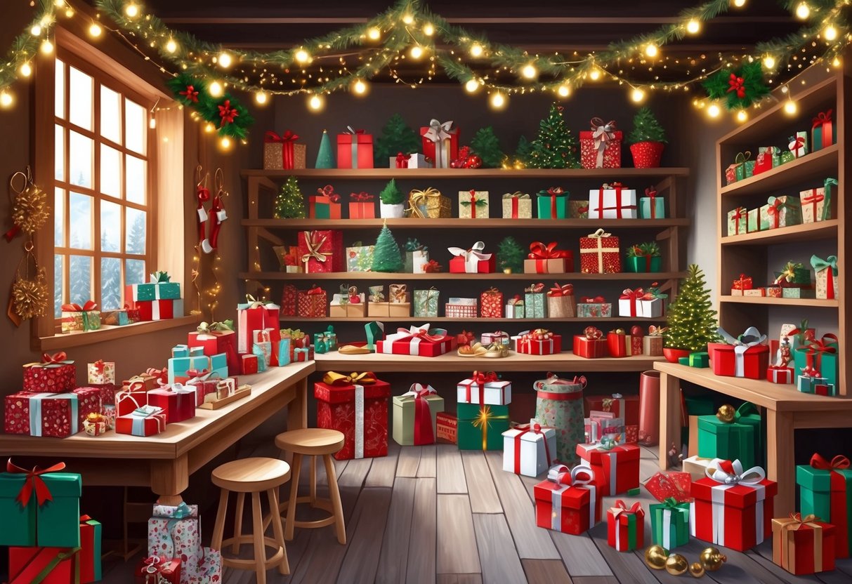 A cozy workshop filled with handcrafted holiday gifts, surrounded by twinkling lights and festive decorations