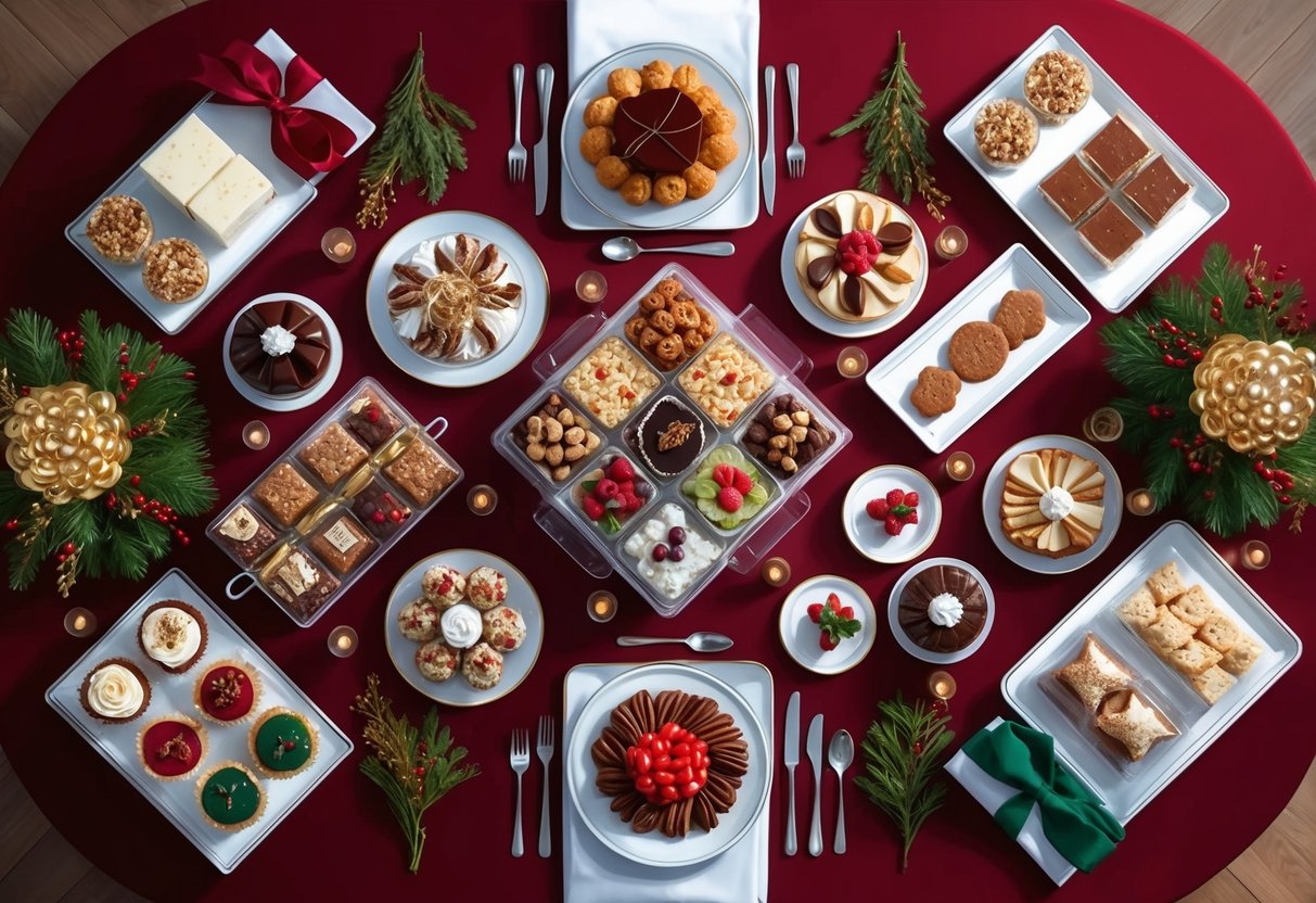 A festive table adorned with an array of gourmet and homemade treats, beautifully packaged and arranged for a special holiday celebration