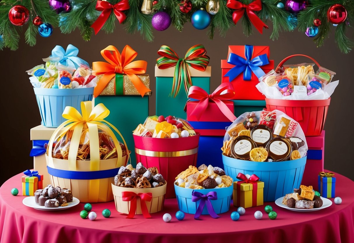 A festive table with a variety of beautifully wrapped gift baskets filled with gourmet treats and sweets, surrounded by colorful ribbons and decorative accents