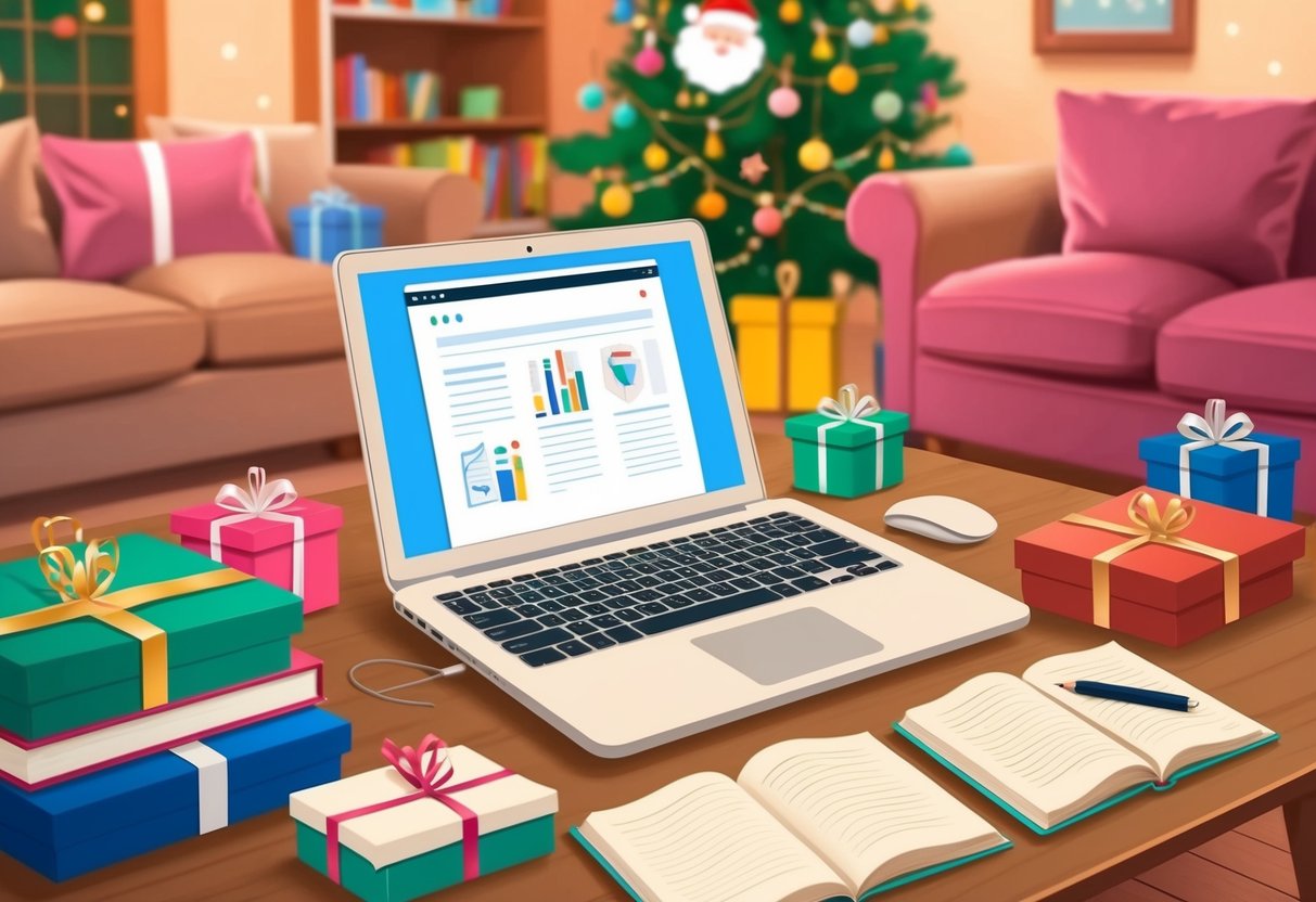 A cozy living room with a laptop and books on a table, surrounded by festive decorations and wrapped gifts. A warm and inviting atmosphere for virtual learning