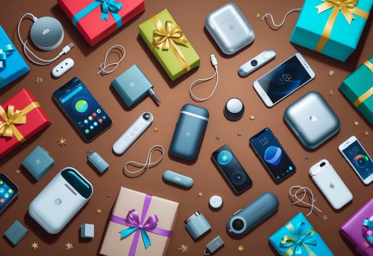 A table scattered with sleek gadgets and tech accessories, wrapped in colorful paper and ribbons, ready to be picked up as last-minute gifts