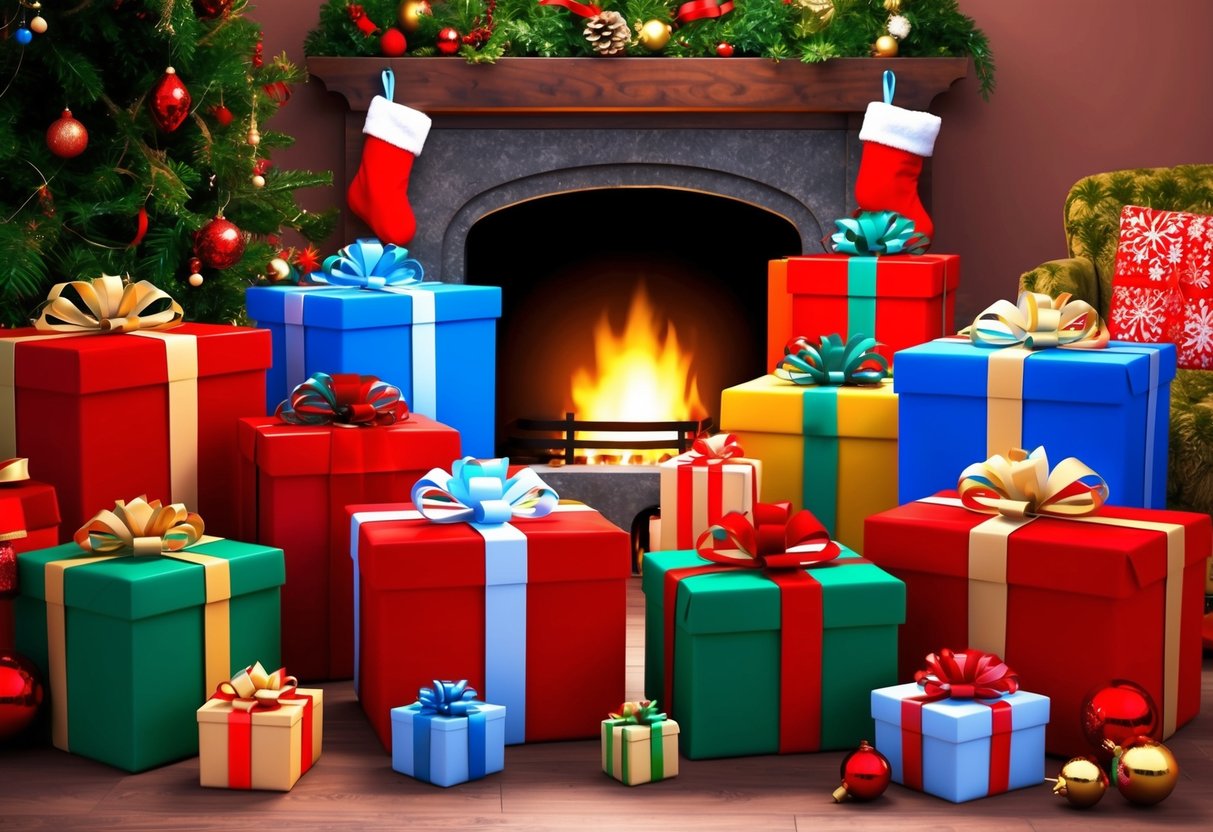 Colorful gift-wrapped presents surrounded by festive decorations and a cozy fireplace