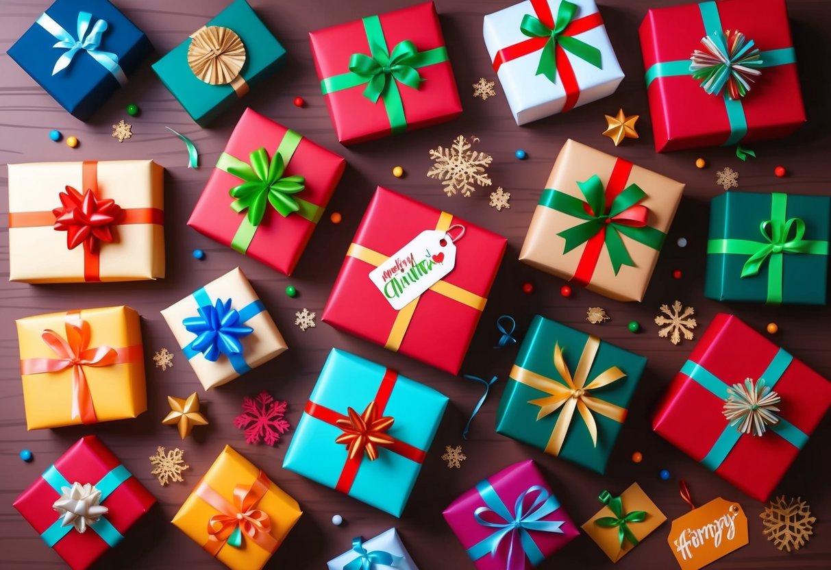 A festive table with wrapped presents, colorful ribbons, and decorative gift tags. A variety of unique and thoughtful gifts displayed on the table