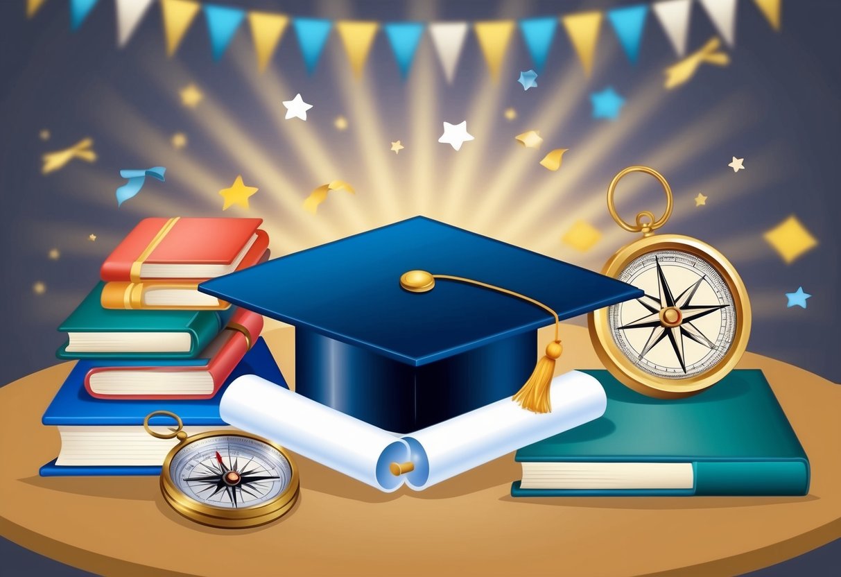 A collection of symbolic objects, such as a graduation cap, diploma, books, and a compass, arranged on a table with a celebratory backdrop